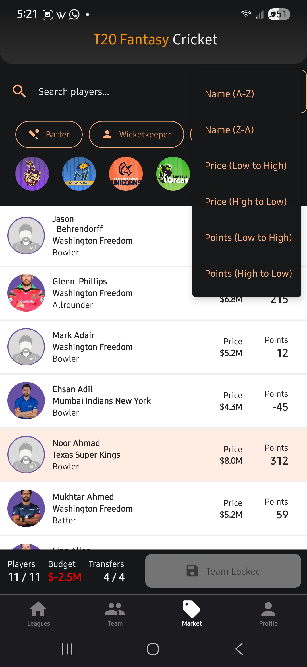 T20 Fantasy Cricket profile screen